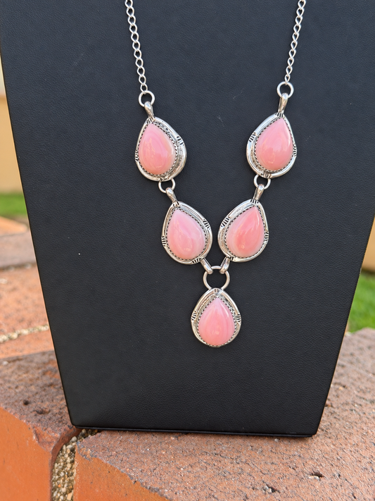 Jennifer Begay Native American Handmade 24” Pink Coch lariat Sterling Silver