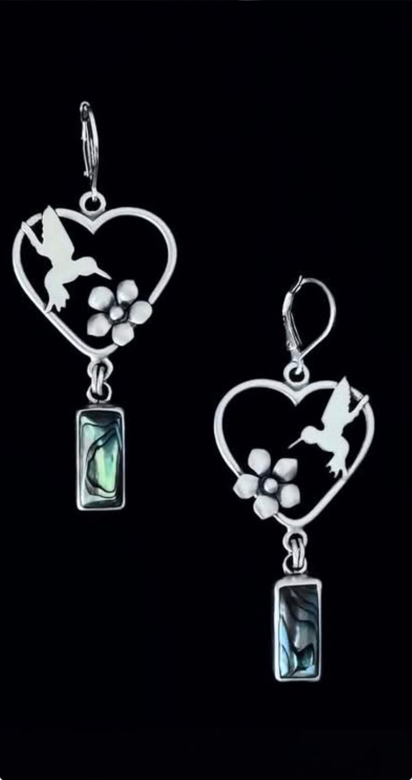 Native Made Hummingbird Blossom Heart Earrings w/ Abalone Shell