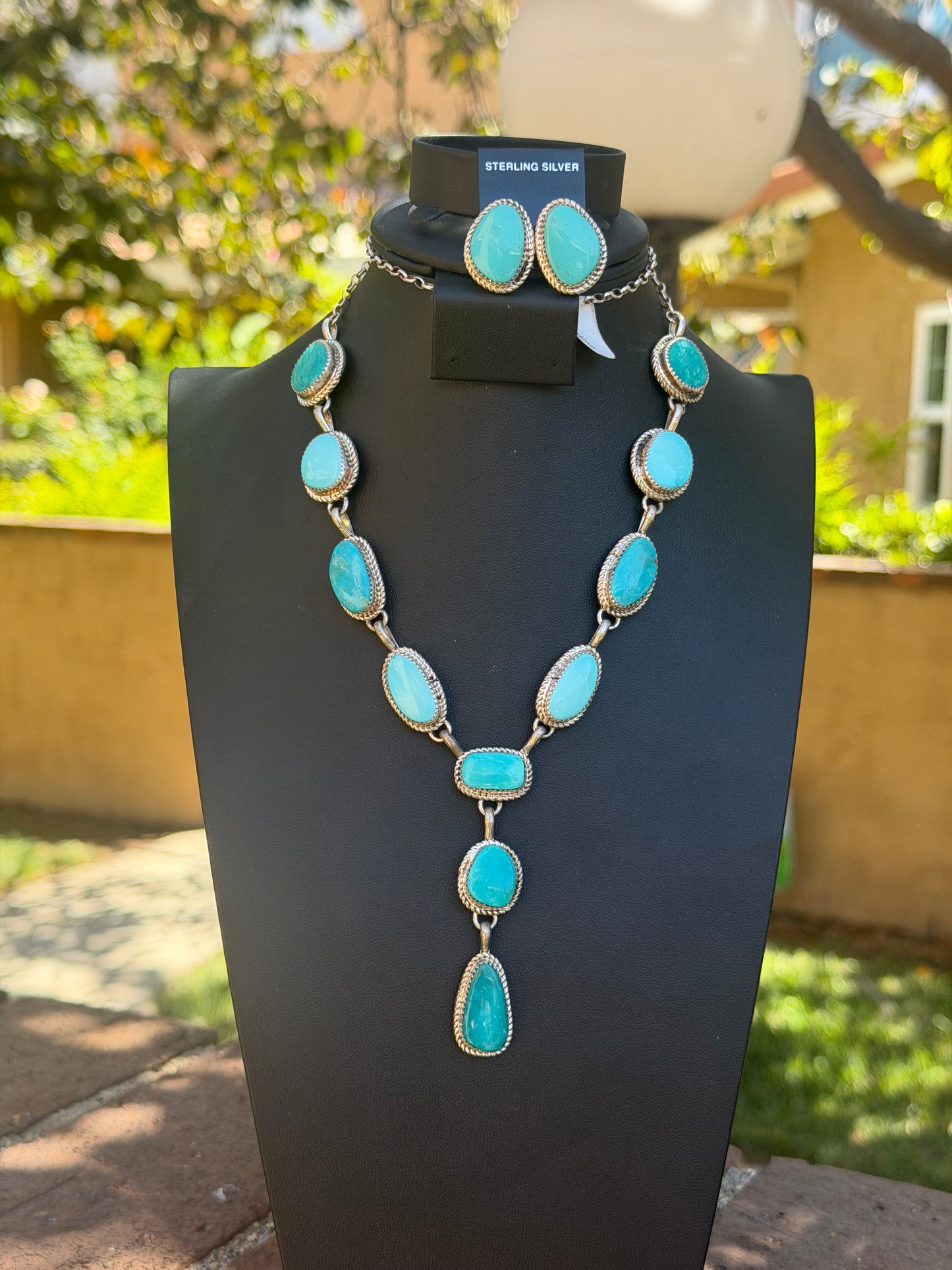 Native American, Hand-Made 26" Kingman Turquoise & Sterling Silver Lariat Set