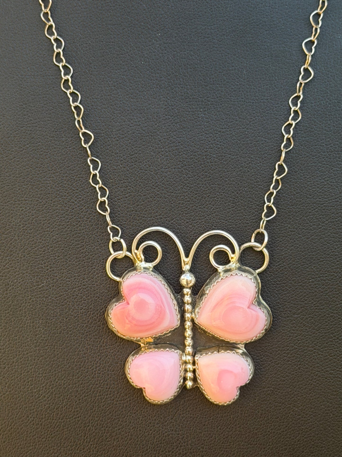 Native American, Hand-Made 20" Butterfly Hearts Pink Coch & Sterling Silver Necklace