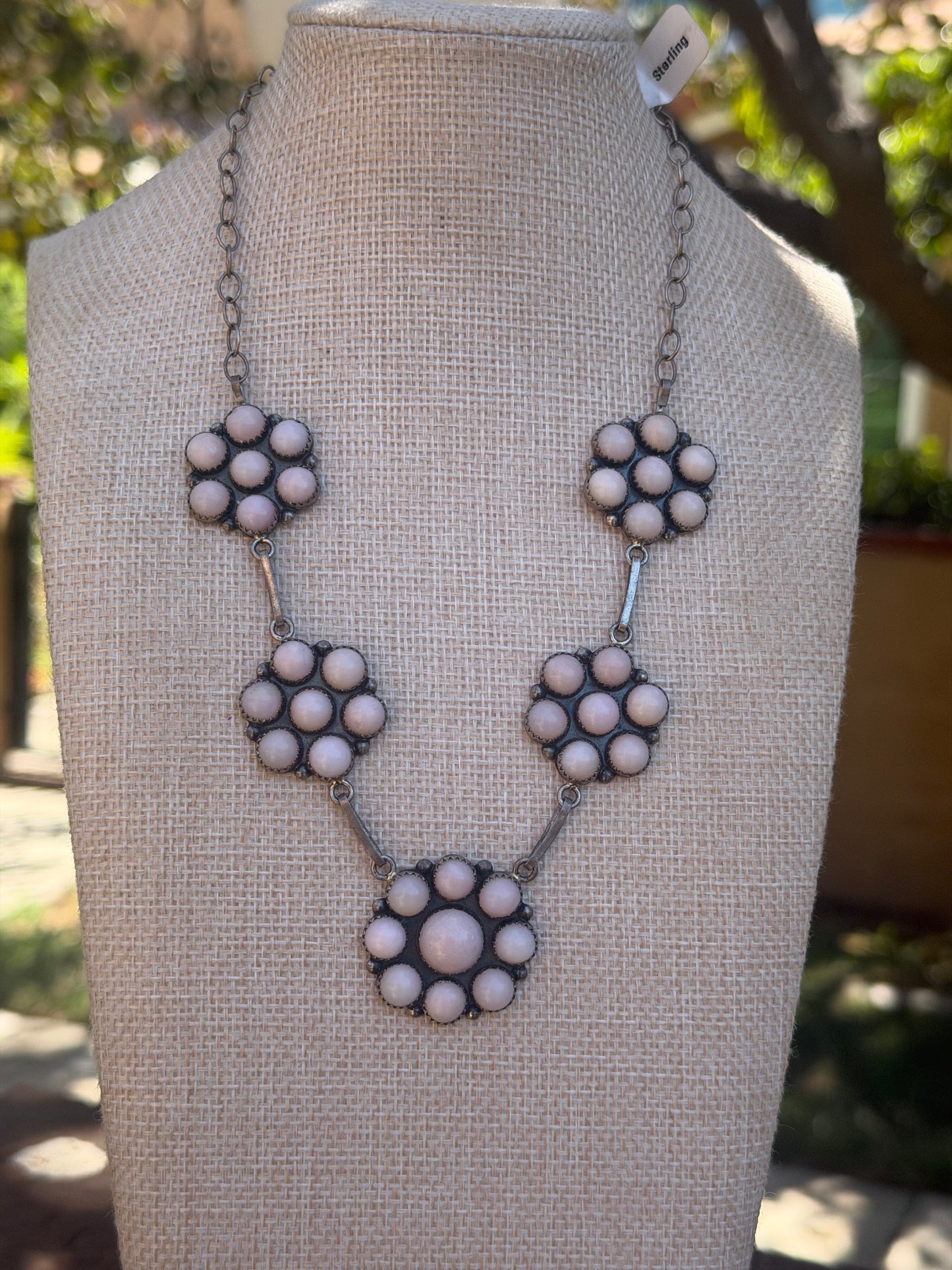 Native American, Hand-Made 18" Rose Qourtz Cluster & Sterling Silver Necklace