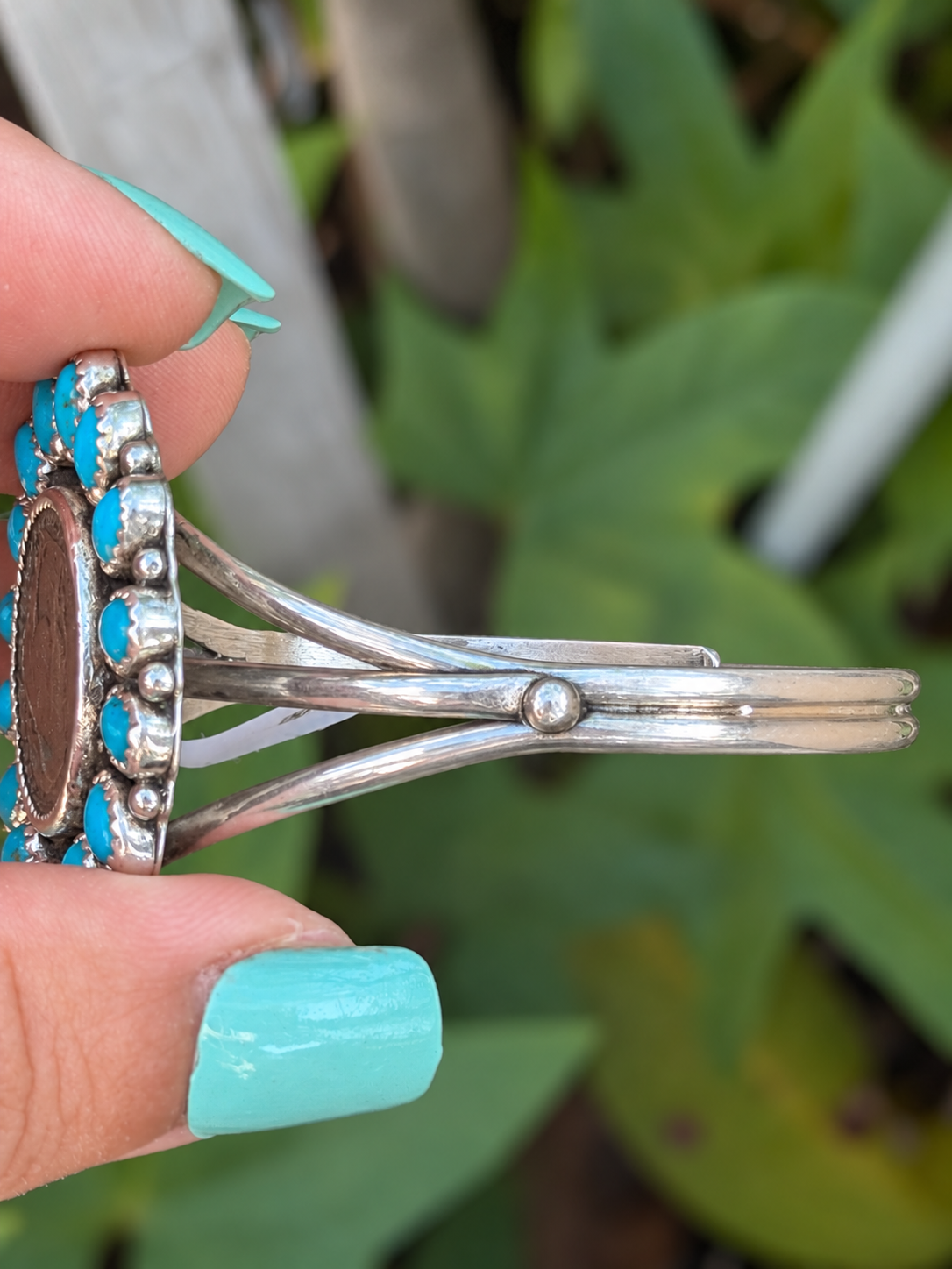 Rose Sam Native American, Handmade, Turquoise, Buffalo Nickel & Sterling Silver Cuff