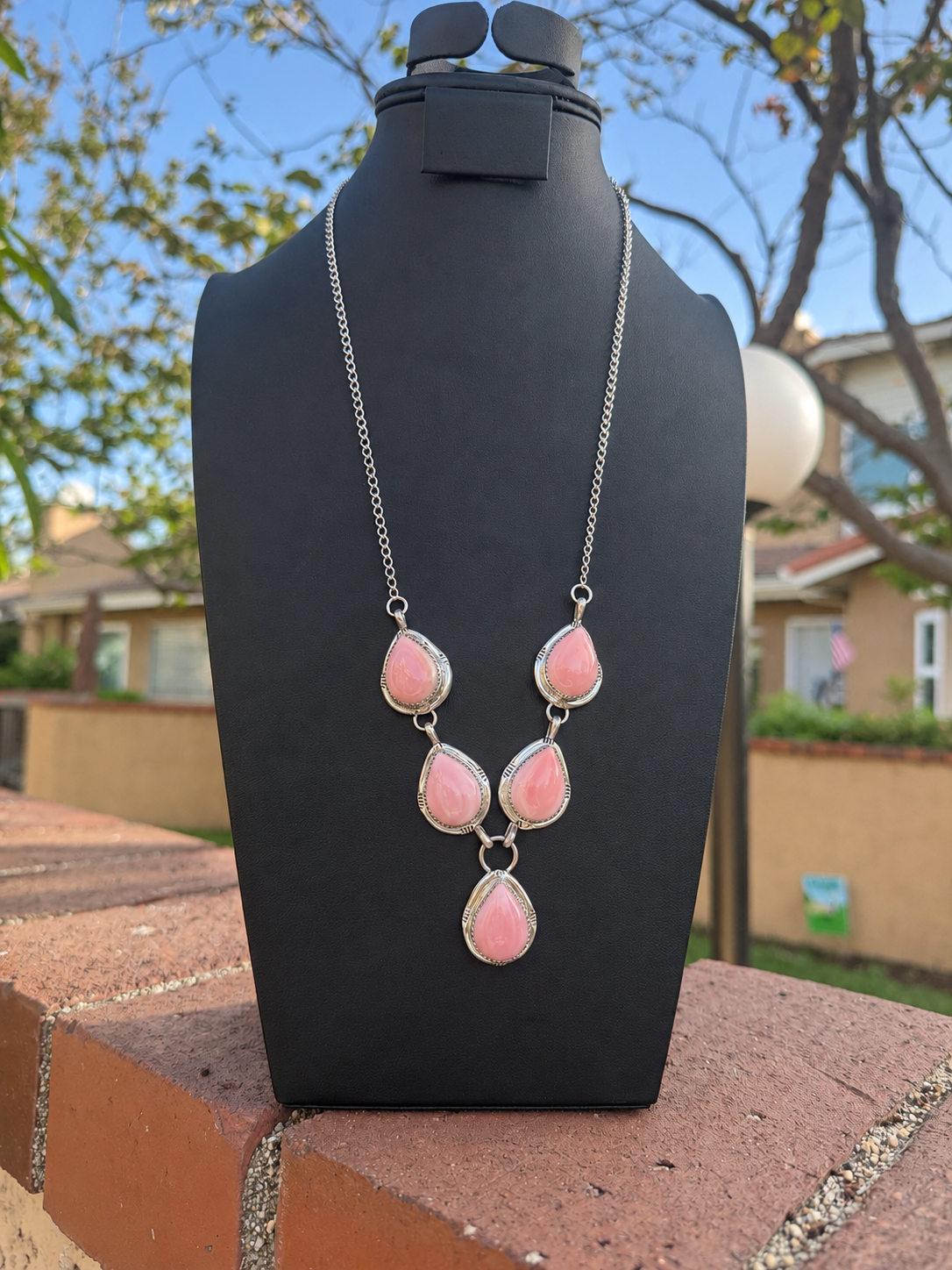 Jennifer Begay Native American Handmade 24” Pink Coch lariat Sterling Silver