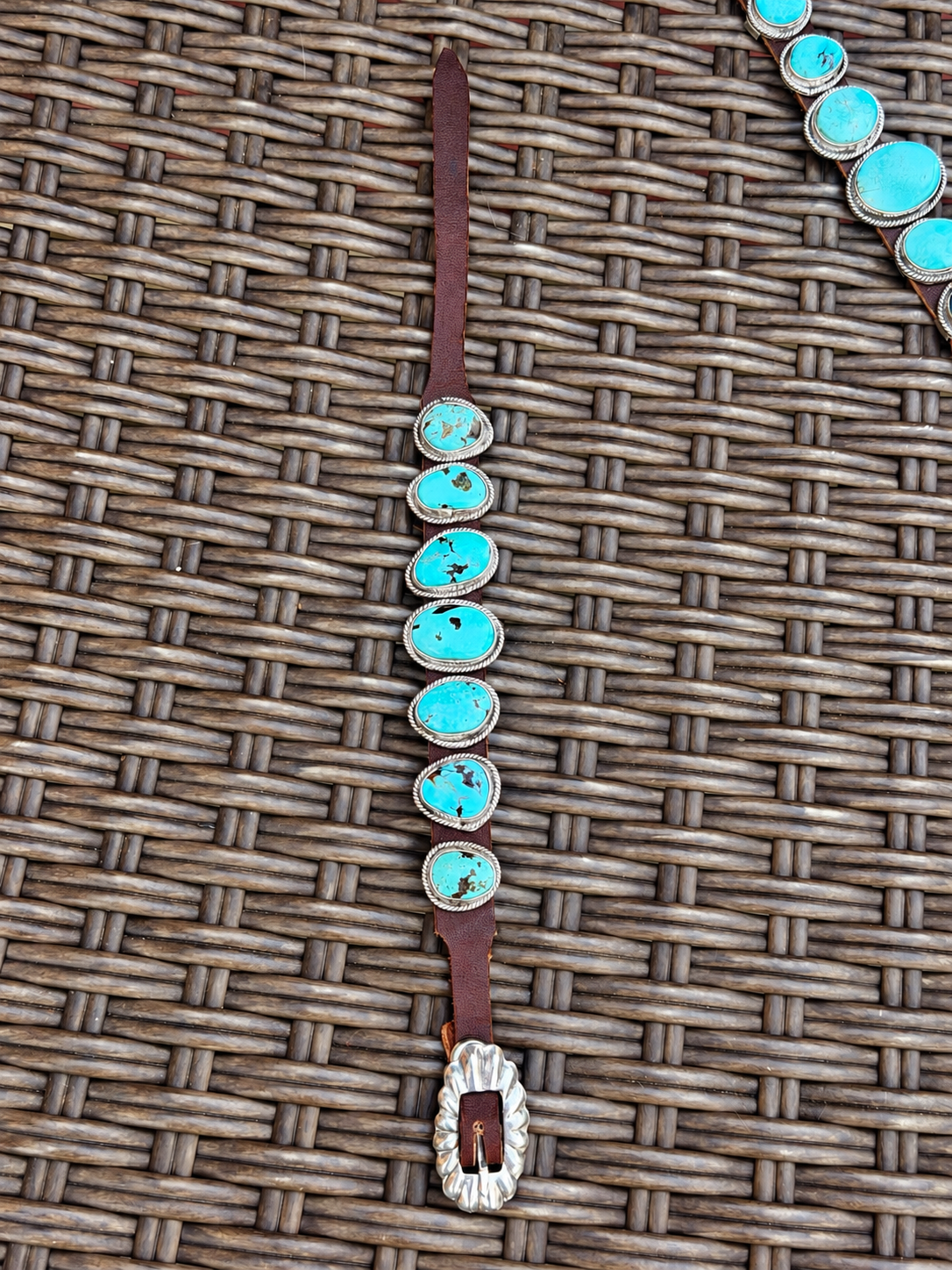 Navajo Silver Leather Turquoise Buckle Bracelet