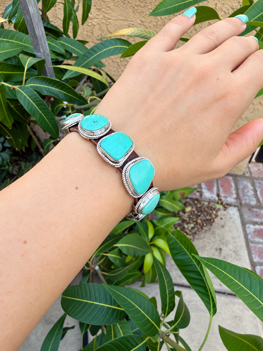 Navajo Silver Leather Turquoise Buckle Bracelet