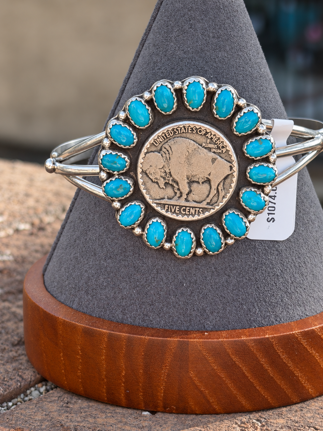 Rose Sam Native American, Handmade, Turquoise, Buffalo Nickel & Sterling Silver Cuff