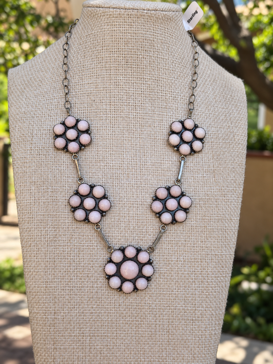 Native American, Hand-Made 18" Rose Quartz Cluster & Sterling Silver Necklace