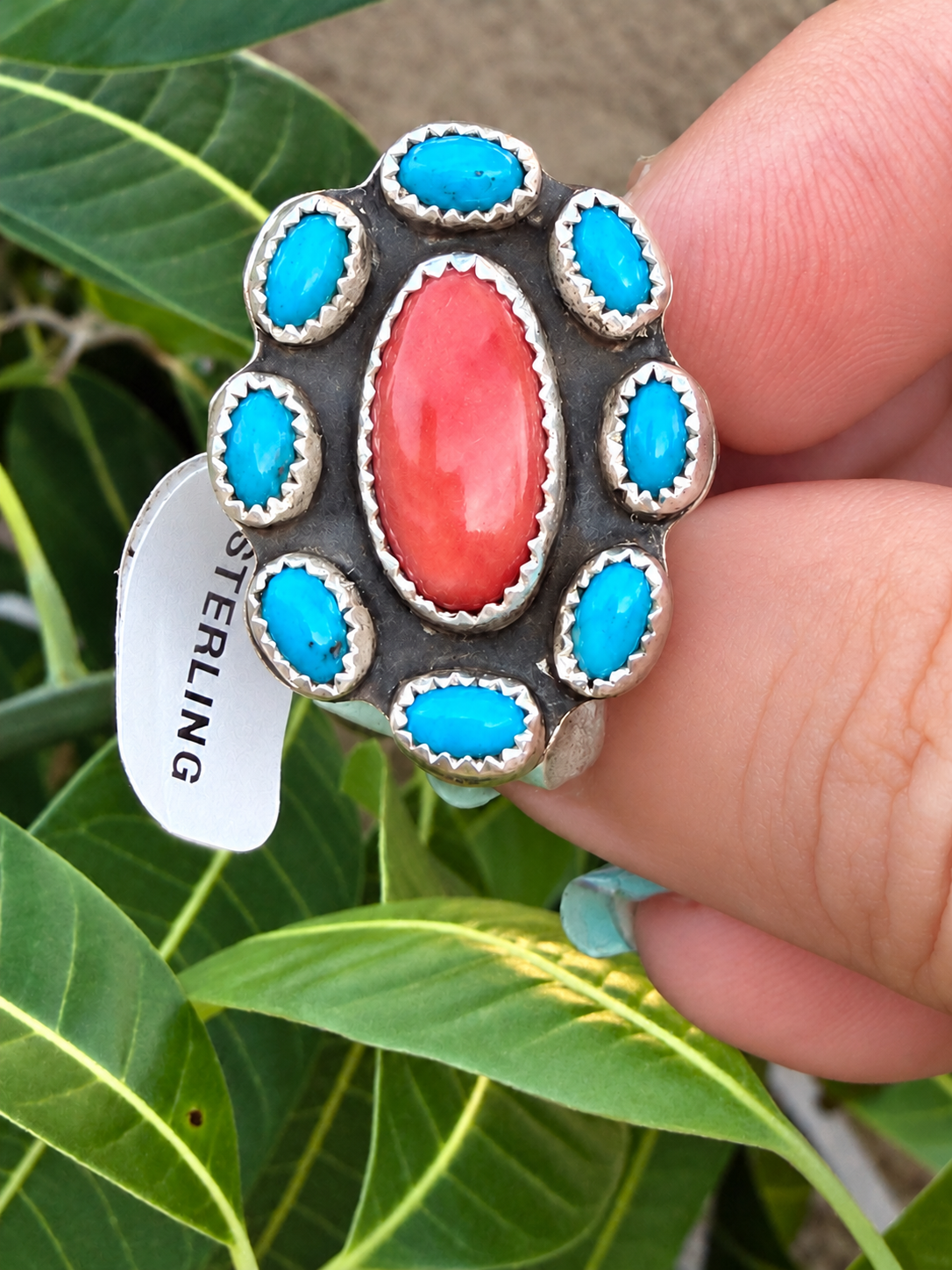 Rose Sam Red Spiny & Kingman Cluster Sterling Silver Ring