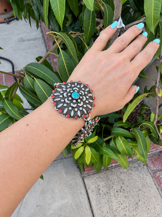 Native American handmade 7" to 8" concho Sleeping beauty,coral & Sterling silver bracelet
