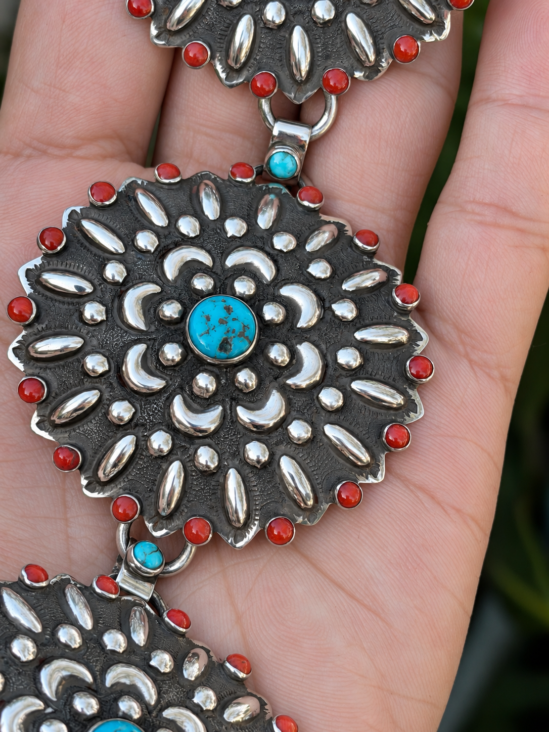 Native American handmade 7" to 8" concho Sleeping beauty,coral & Sterling silver bracelet