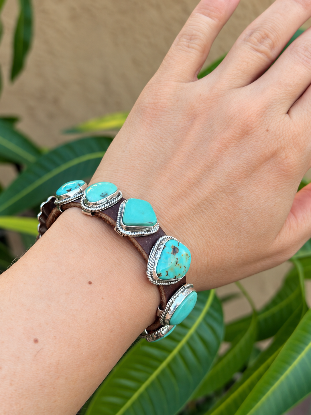 Navajo Silver Leather Turquoise Buckle Bracelet