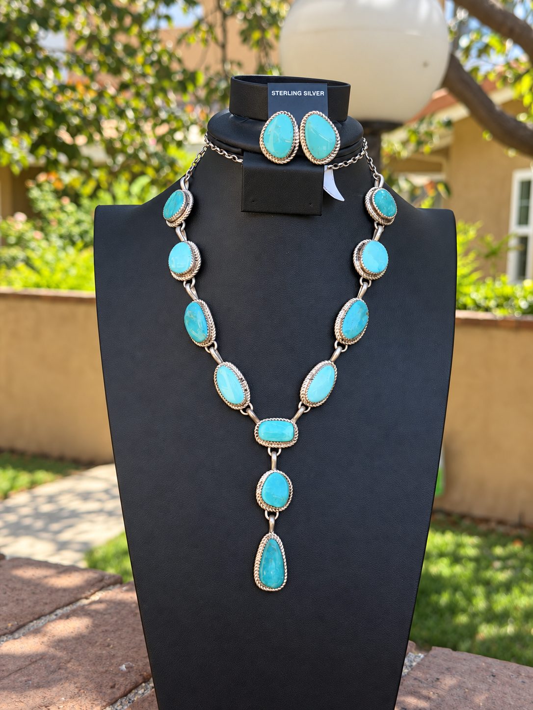 Native American, Hand-Made 26" Kingman Turquoise & Sterling Silver Lariat Set