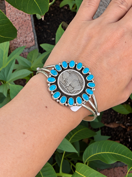 Rose Sam Native American, Handmade, Turquoise, Buffalo Nickel & Sterling Silver Cuff