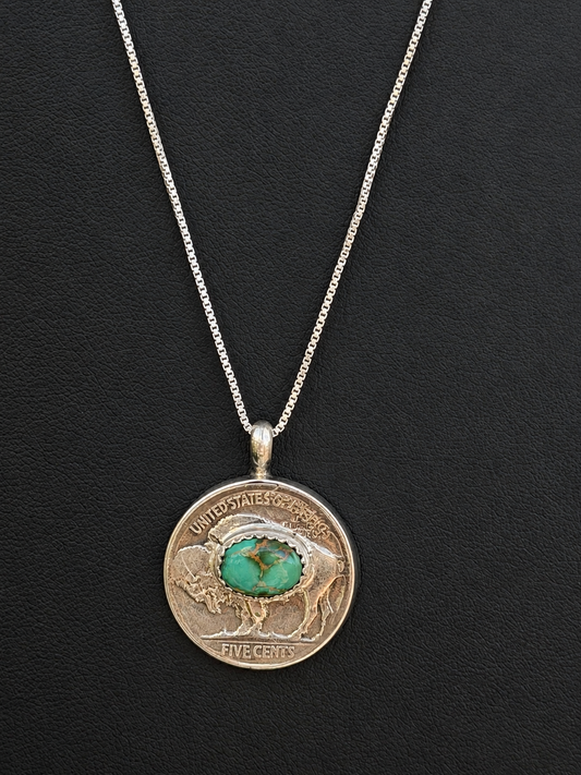 Herbert Tsosie Native American, Handmade, Buffalo Nickel, Sonoron & Sterling Silver Necklace