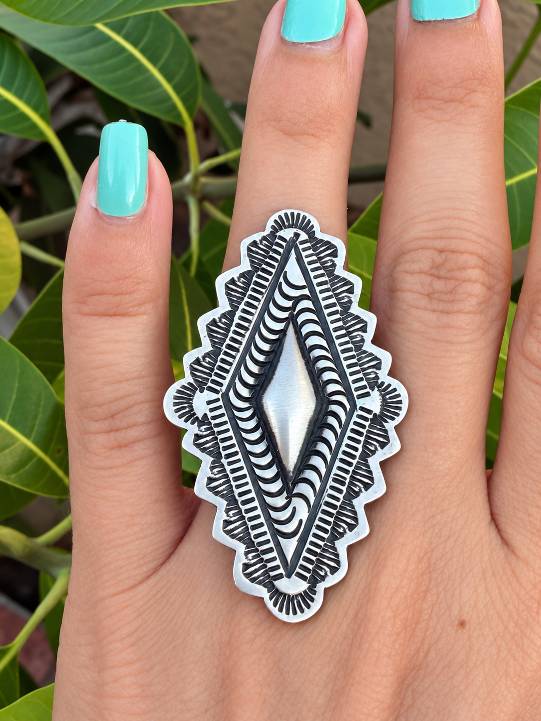 Leander Tahe Diamond Concho Ring Adjustable Sterling Silver
