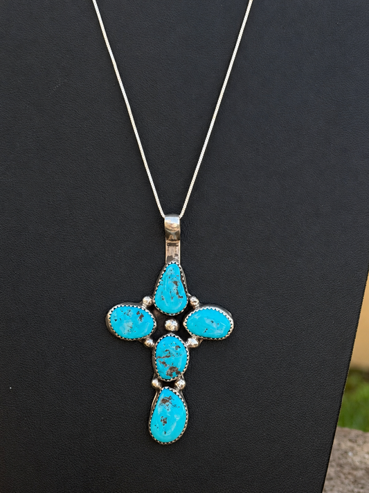 Native American Handmade Sleeping Beauty Turquise & Sterling Silver Cross Necklace