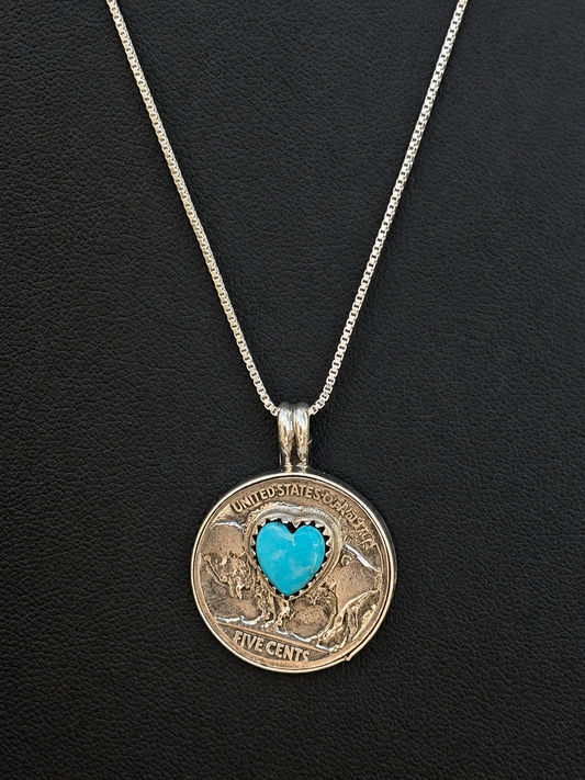 Herbert Tsosie Native American, HandMade, Buffalo Nickel, Turquoise & Sterling Silver Necklace