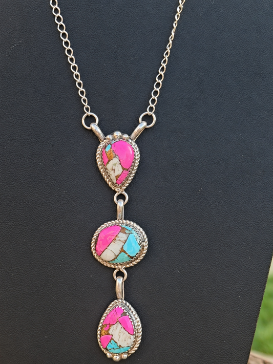 Jennifer Begay Native American Handmade 22” cotton candy lariat Sterling Silver