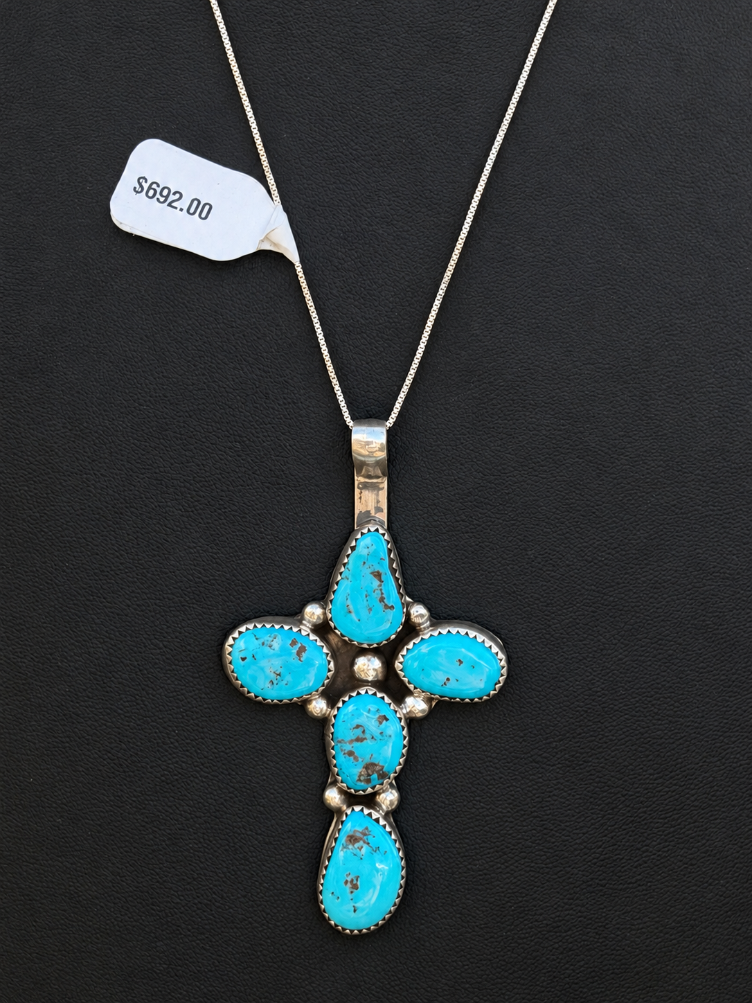 Native American Handmade Sleeping Beauty Turquise & Sterling Silver Cross Necklace