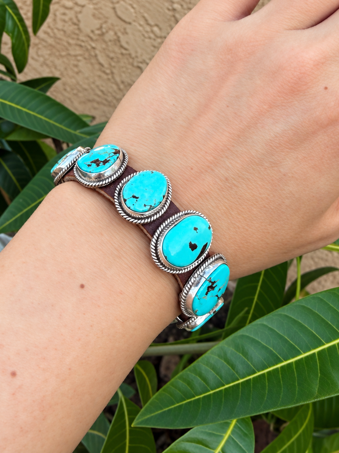 Navajo Silver Leather Turquoise Buckle Bracelet