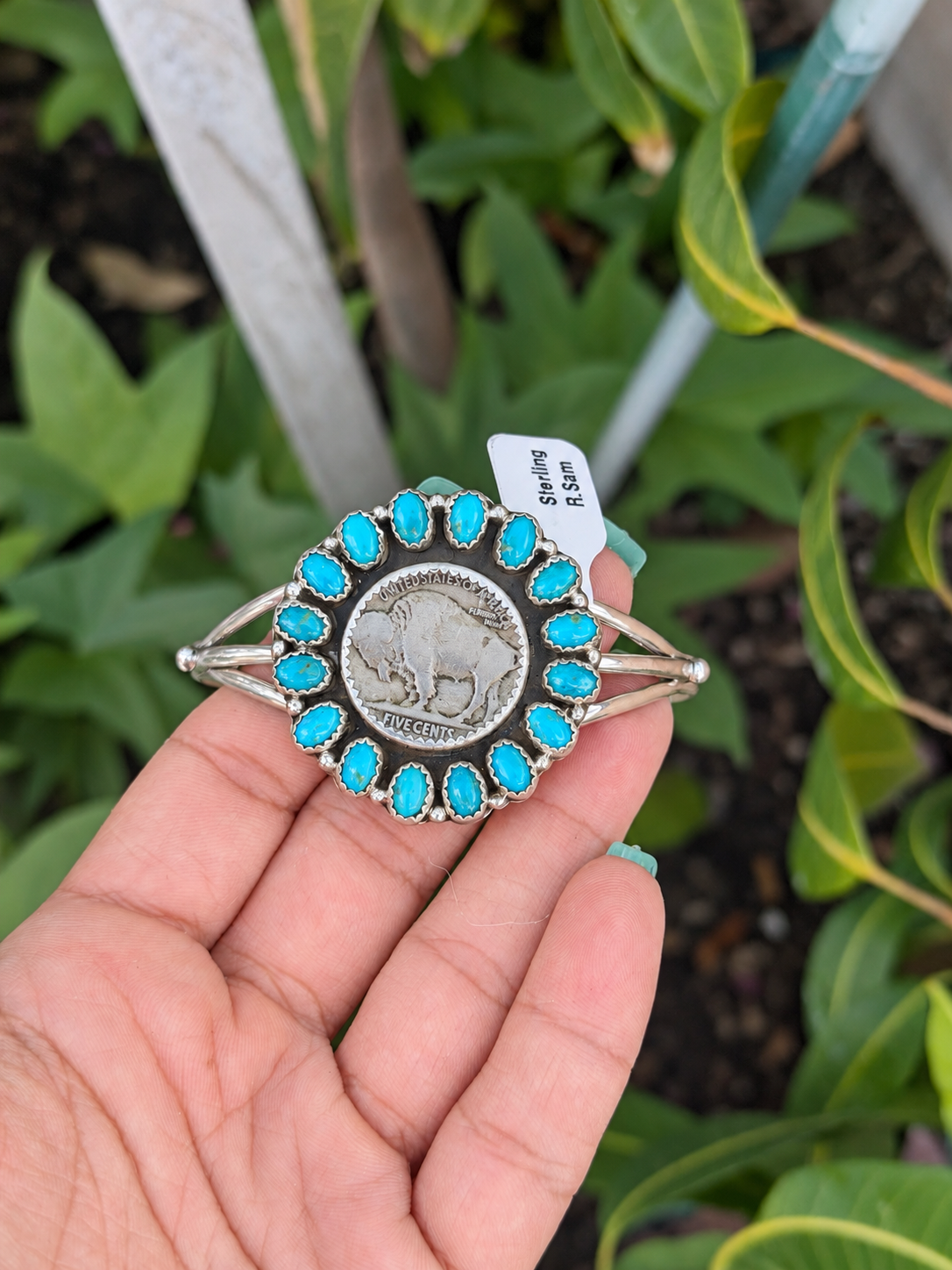 Rose Sam Native American, Handmade, Turquoise, Buffalo Nickel & Sterling Silver Cuff