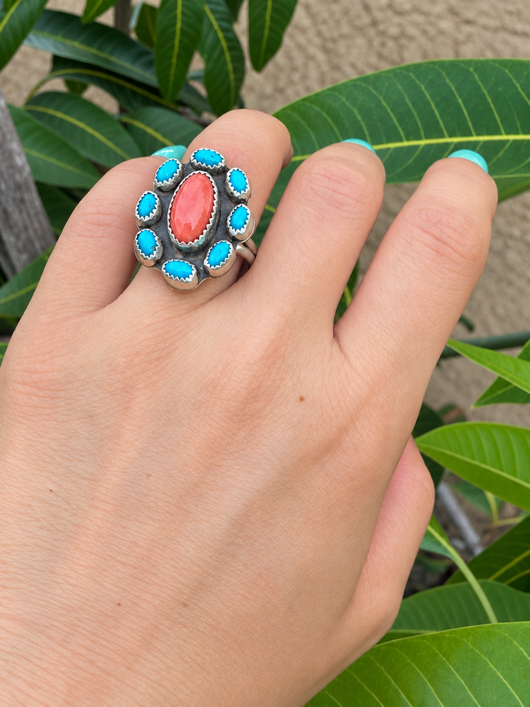Rose Sam Red Spiny & Kingman Cluster Sterling Silver Ring