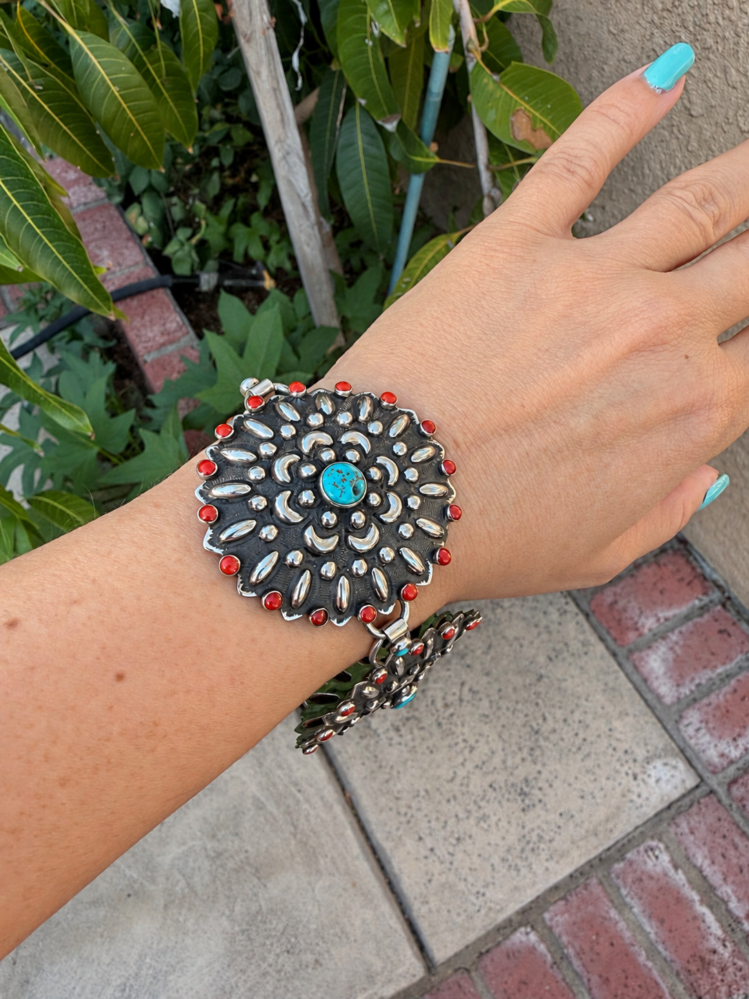 Native American handmade 7" to 8" concho Sleeping beauty,coral & Sterling silver bracelet
