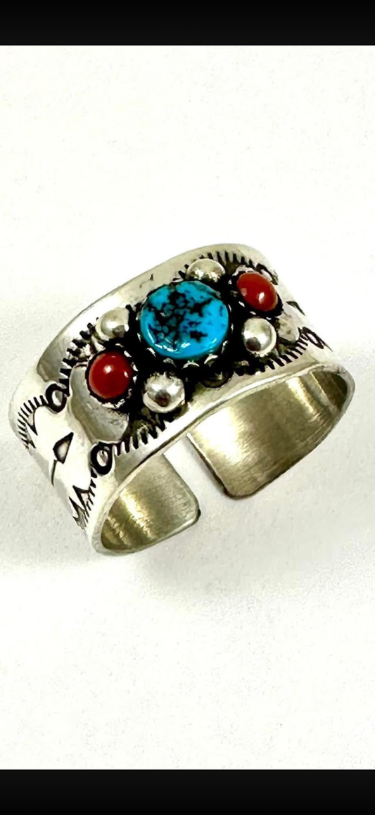 Native American, Hand-Made Turquoise & Carol Sterling Silver Adjustable Ring