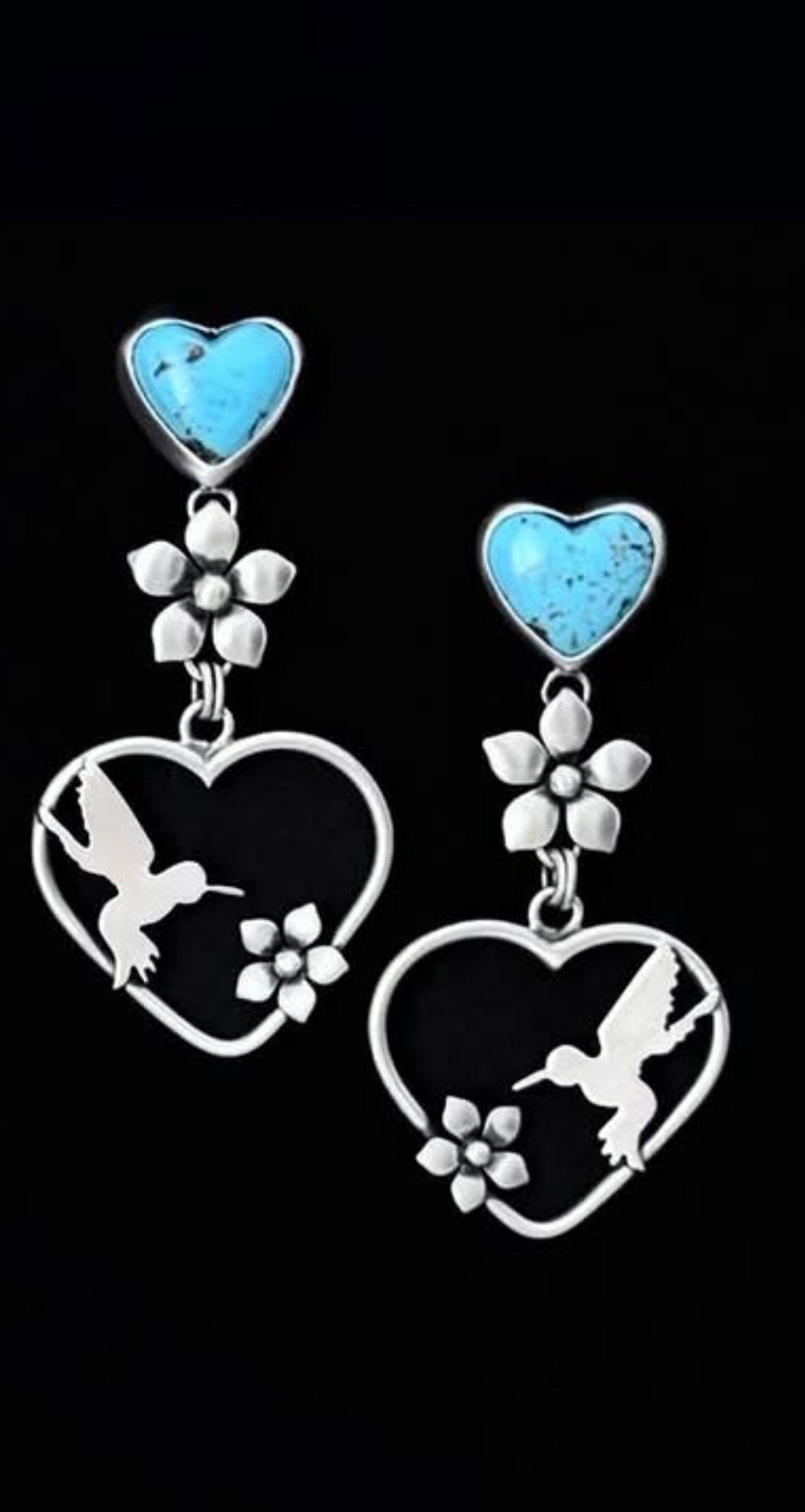 Native Made Hummingbird Heart Blossom Earrings w/ Kingman Turquoise Hearts