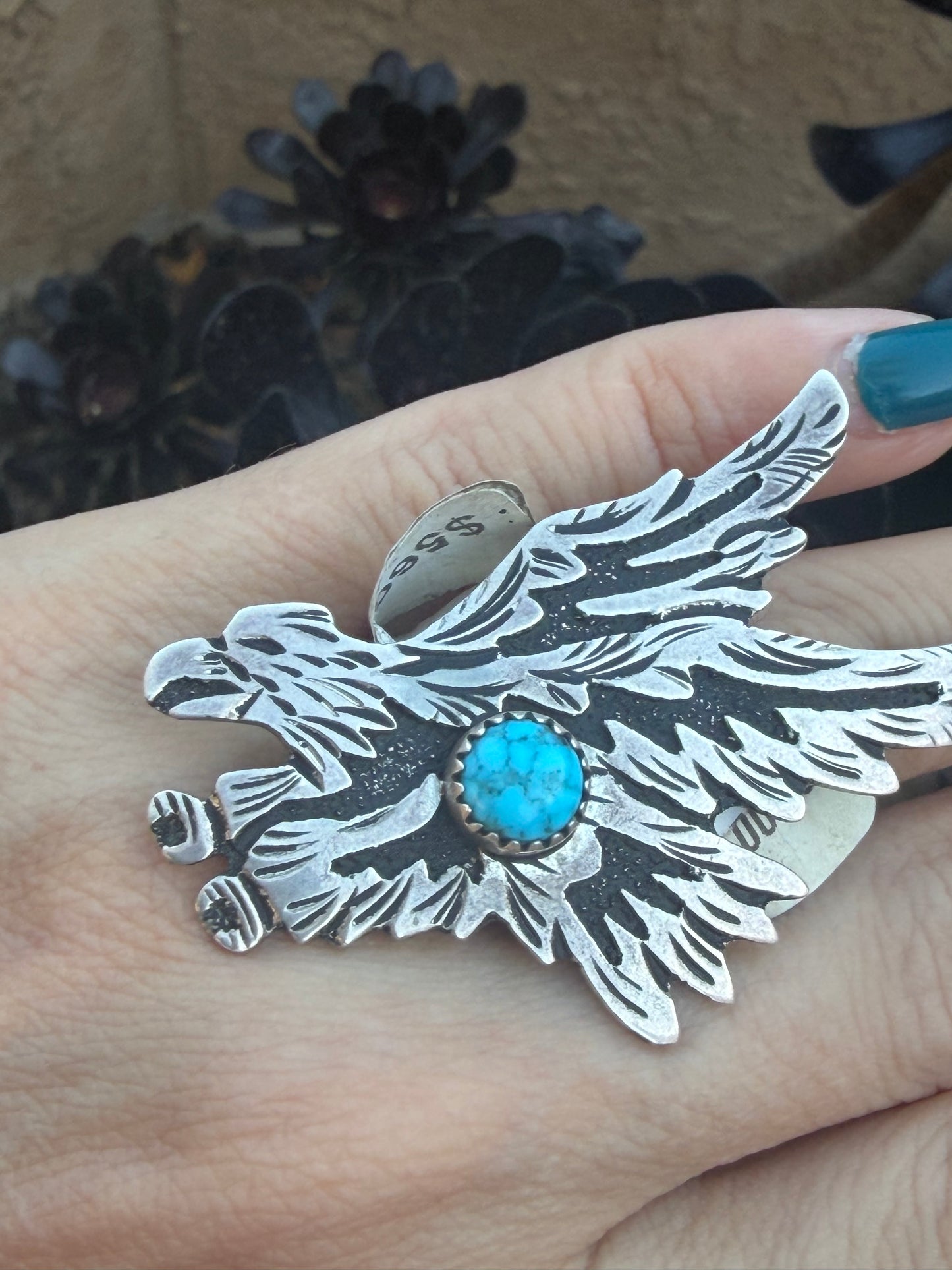 Ntive American Egale adjustable sterling silver & turquise ring