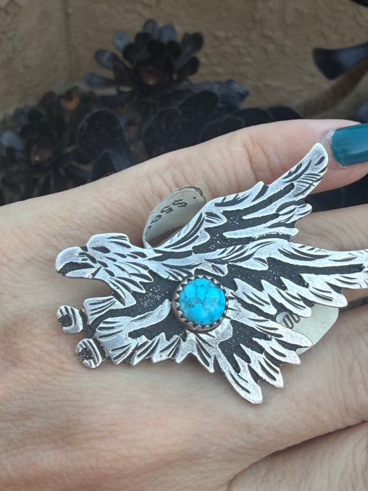 Ntive American Egale adjustable sterling silver & turquise ring