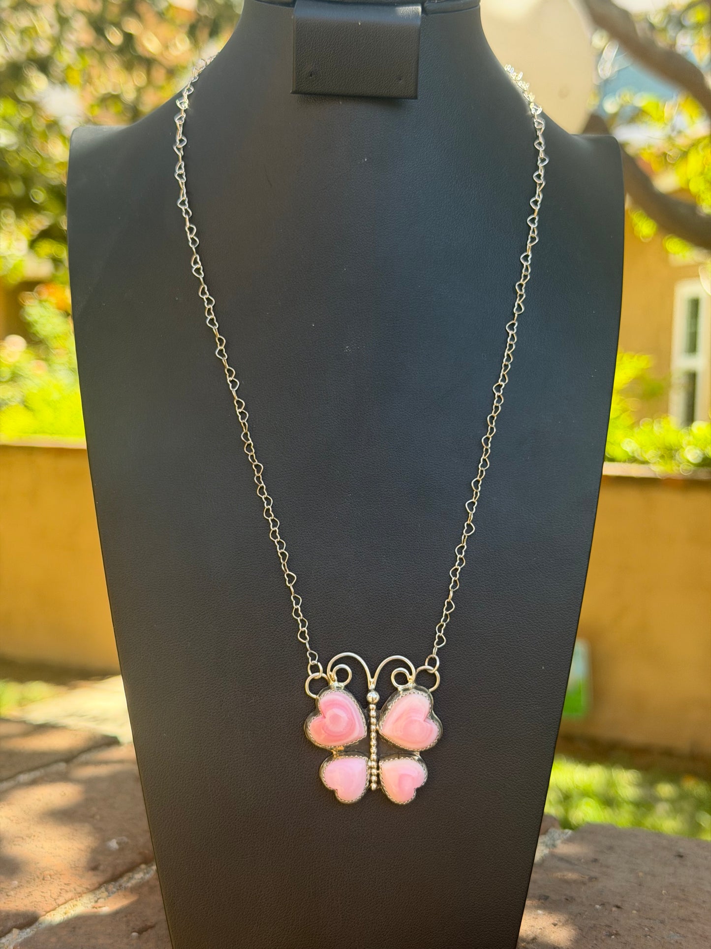 Native American, Hand-Made 20" Butterfly Hearts Pink Coch & Sterling Silver Necklace