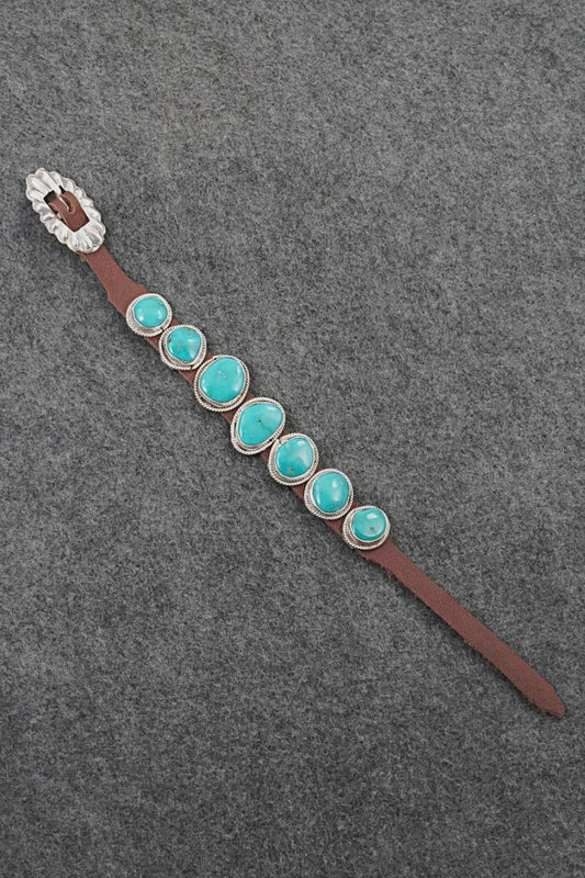Ntive American Turquoise & Sterling Silver Leather Bracelet