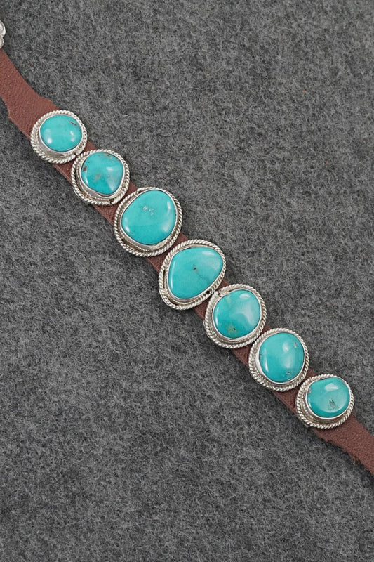 Ntive American Turquoise & Sterling Silver Leather Bracelet